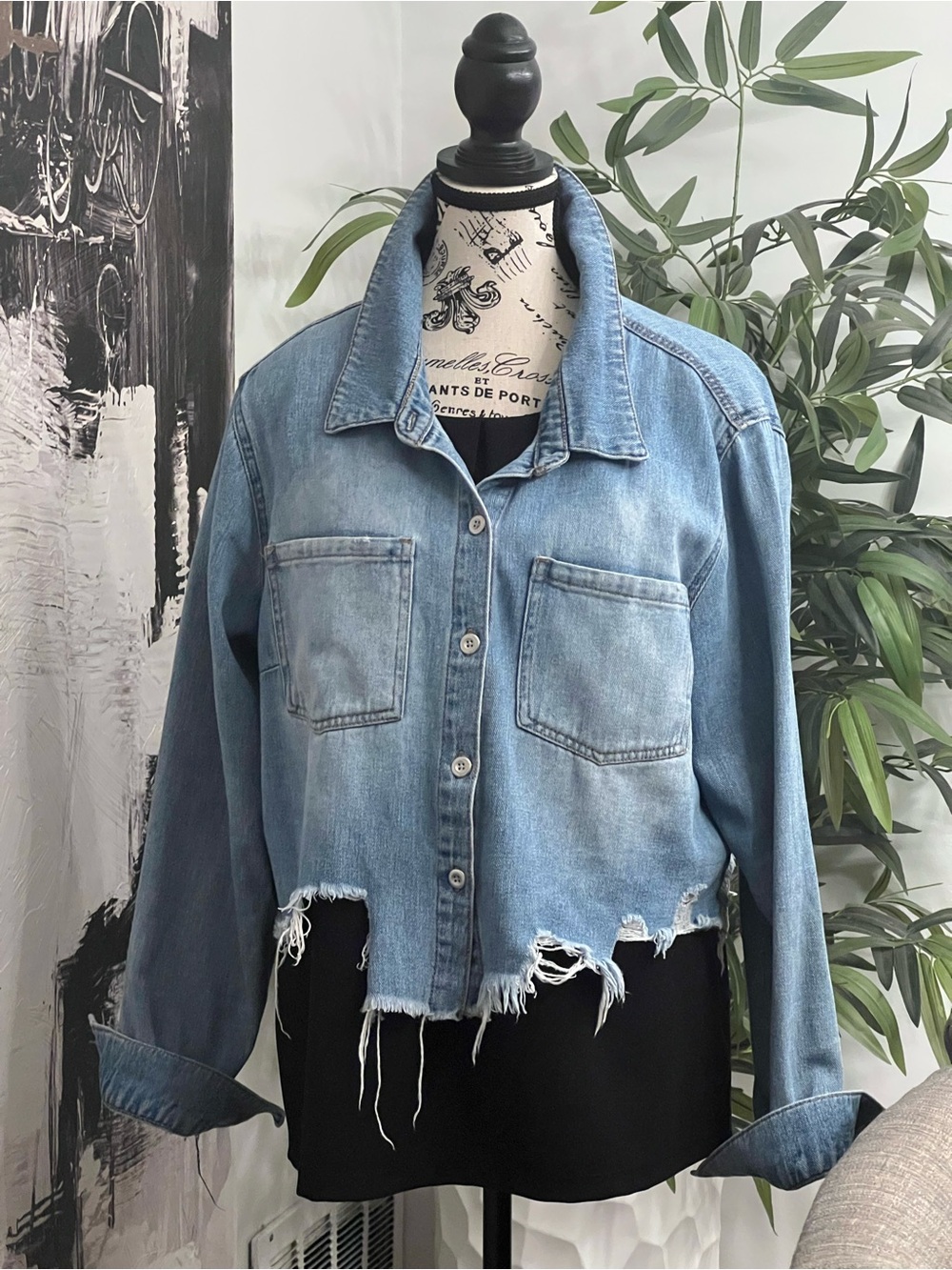 Frayed Hem Light Blue Denim Jacket - Women's Jean Jacket